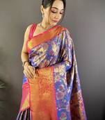 blue tissue silk blend kanjeevaram zari woven saree with unstitched blouse piece.