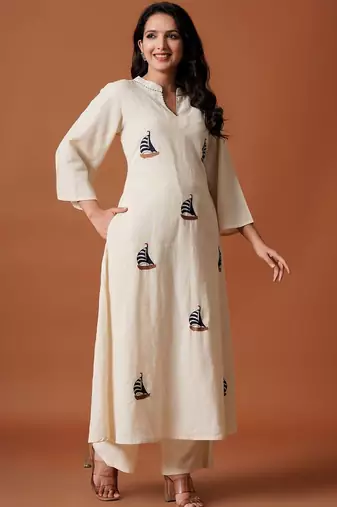 Women Embroidered A-Line Thread Work Pure Cotton Kurta with Palazzos