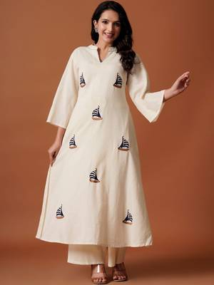 Women Embroidered A-Line Thread Work Pure Cotton Kurta with Palazzos 5