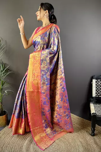 blue tissue silk blend kanjeevaram zari woven saree with unstitched blouse piece.