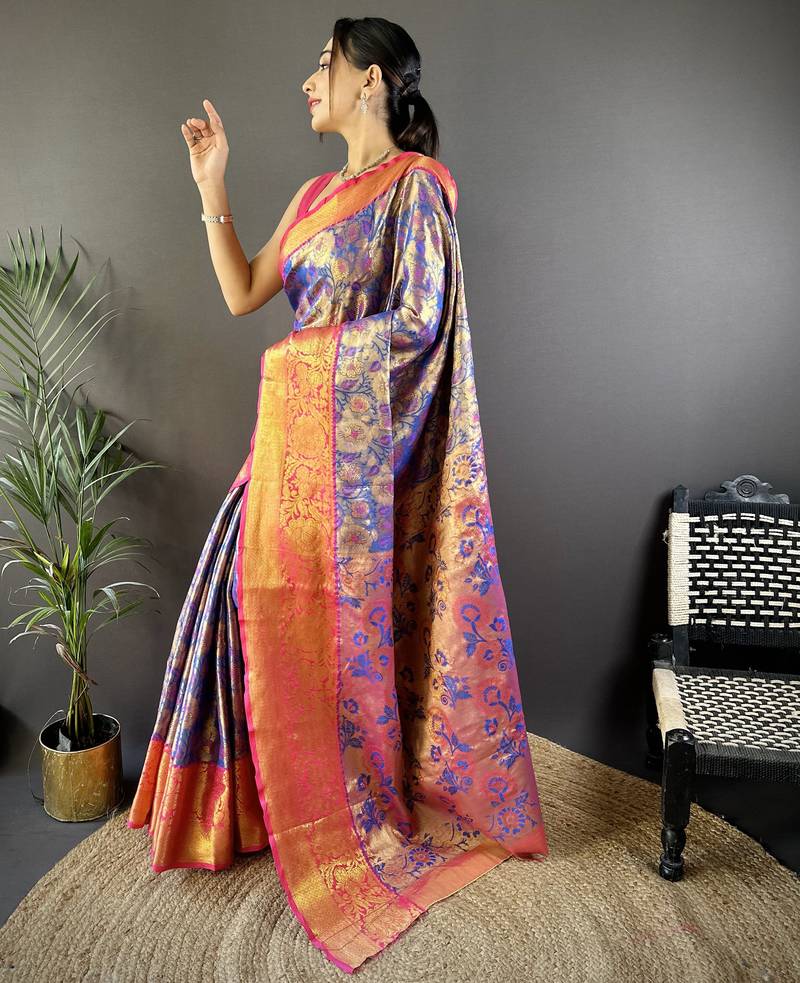 blue tissue silk blend kanjeevaram zari woven saree with unstitched blouse piece.