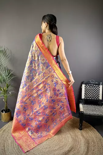 blue tissue silk blend kanjeevaram zari woven saree with unstitched blouse piece.