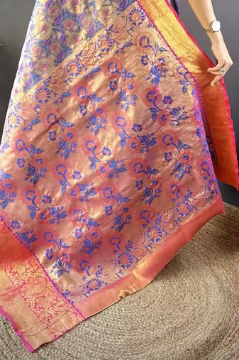 blue tissue silk blend kanjeevaram zari woven saree with unstitched blouse piece.