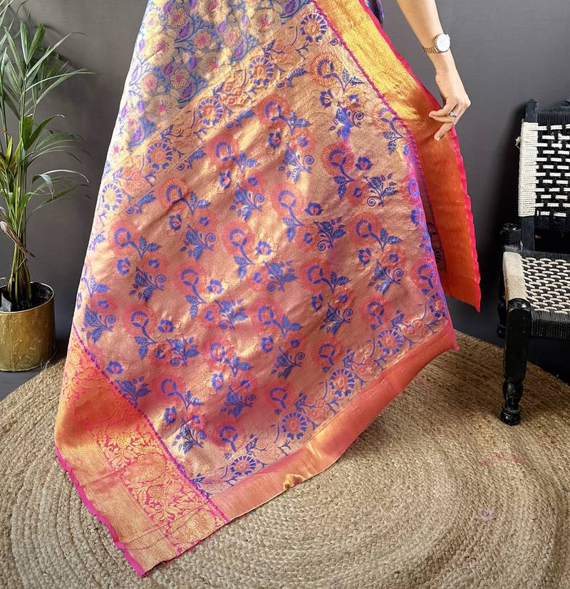 blue tissue silk blend kanjeevaram zari woven saree with unstitched blouse piece.