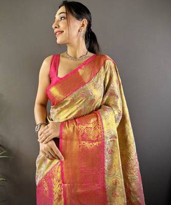 gold tissue silk blend kanjeevaram zari woven saree with unstitched blouse piece. 1