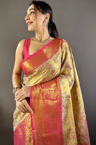 gold tissue silk blend kanjeevaram zari woven saree with unstitched blouse piece.