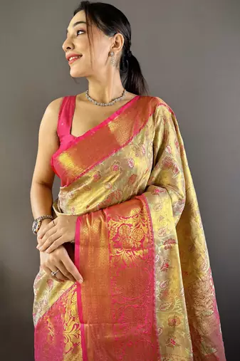 gold tissue silk blend kanjeevaram zari woven saree with unstitched blouse piece.