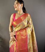 gold tissue silk blend kanjeevaram zari woven saree with unstitched blouse piece.