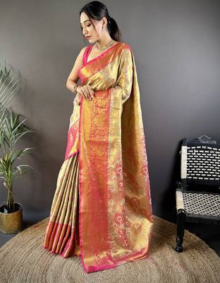 gold tissue silk blend kanjeevaram zari woven saree with unstitched blouse piece. 2