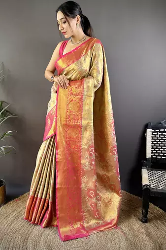 gold tissue silk blend kanjeevaram zari woven saree with unstitched blouse piece.