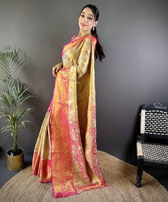 gold tissue silk blend kanjeevaram zari woven saree with unstitched blouse piece. 3