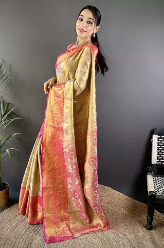 gold tissue silk blend kanjeevaram zari woven saree with unstitched blouse piece.