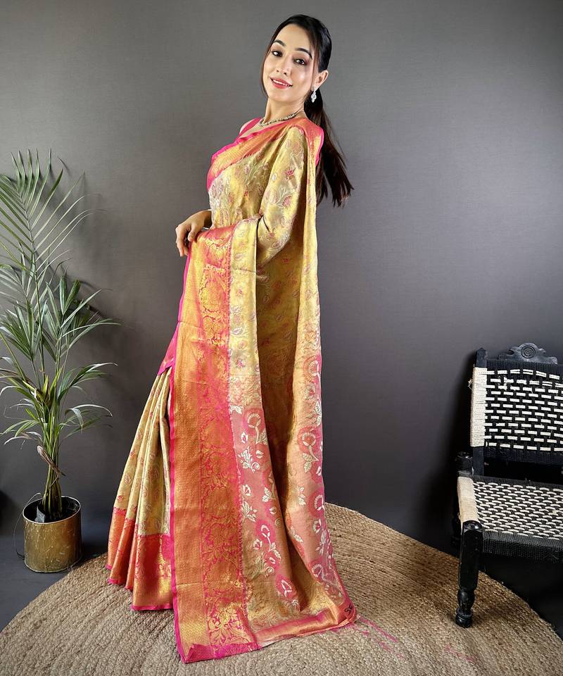 gold tissue silk blend kanjeevaram zari woven saree with unstitched blouse piece.