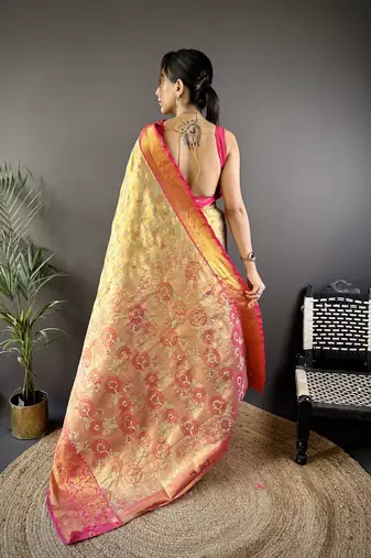 gold tissue silk blend kanjeevaram zari woven saree with unstitched blouse piece.