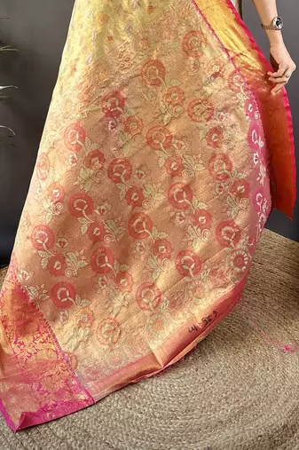 gold tissue silk blend kanjeevaram zari woven saree with unstitched blouse piece.