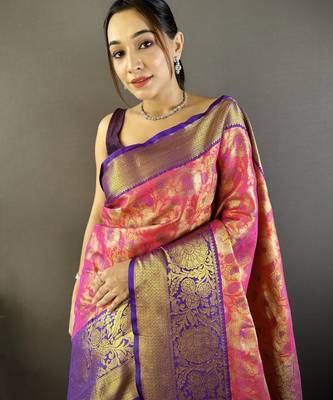 pink tissue silk blend kanjeevaram zari woven saree with unstitched blouse piece. 1