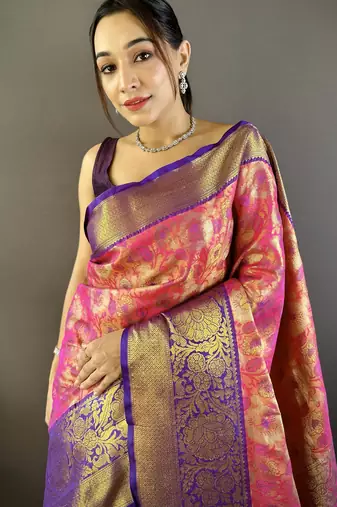 pink tissue silk blend kanjeevaram zari woven saree with unstitched blouse piece.