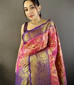 pink tissue silk blend kanjeevaram zari woven saree with unstitched blouse piece.