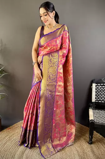 pink tissue silk blend kanjeevaram zari woven saree with unstitched blouse piece.