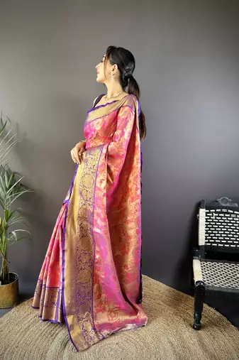 pink tissue silk blend kanjeevaram zari woven saree with unstitched blouse piece.