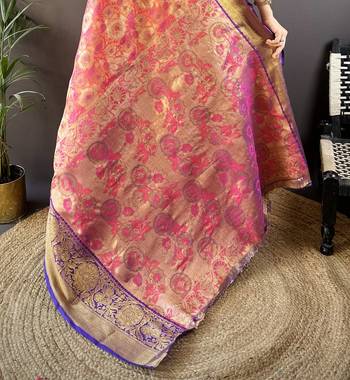 pink tissue silk blend kanjeevaram zari woven saree with unstitched blouse piece. 5
