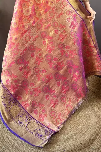 pink tissue silk blend kanjeevaram zari woven saree with unstitched blouse piece.