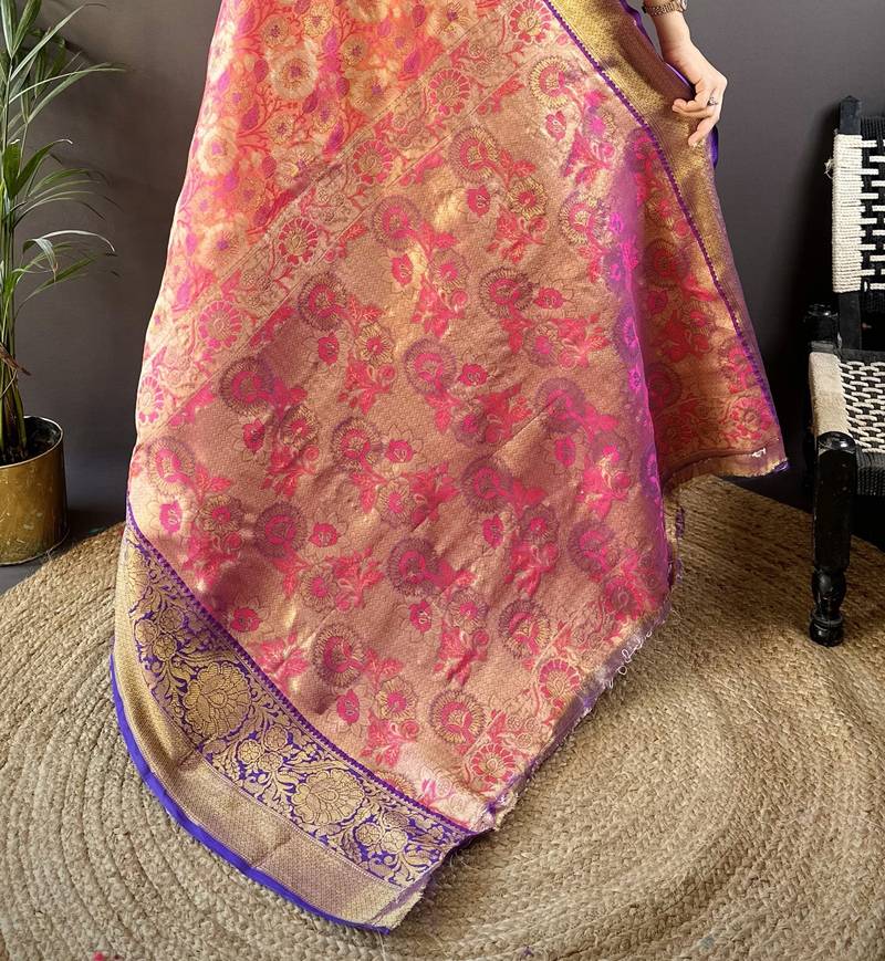 pink tissue silk blend kanjeevaram zari woven saree with unstitched blouse piece.