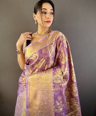 purple tissue silk blend kanjeevaram zari woven saree with unstitched blouse piece. 1