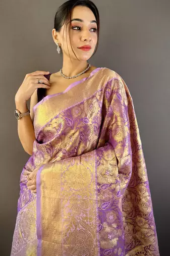 purple tissue silk blend kanjeevaram zari woven saree with unstitched blouse piece.
