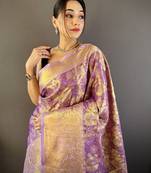 purple tissue silk blend kanjeevaram zari woven saree with unstitched blouse piece.