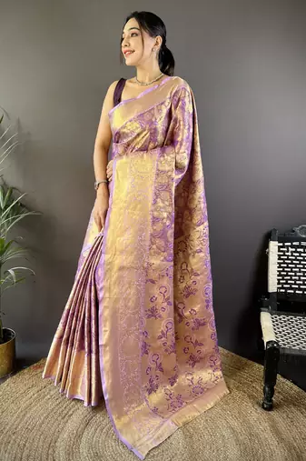 purple tissue silk blend kanjeevaram zari woven saree with unstitched blouse piece.