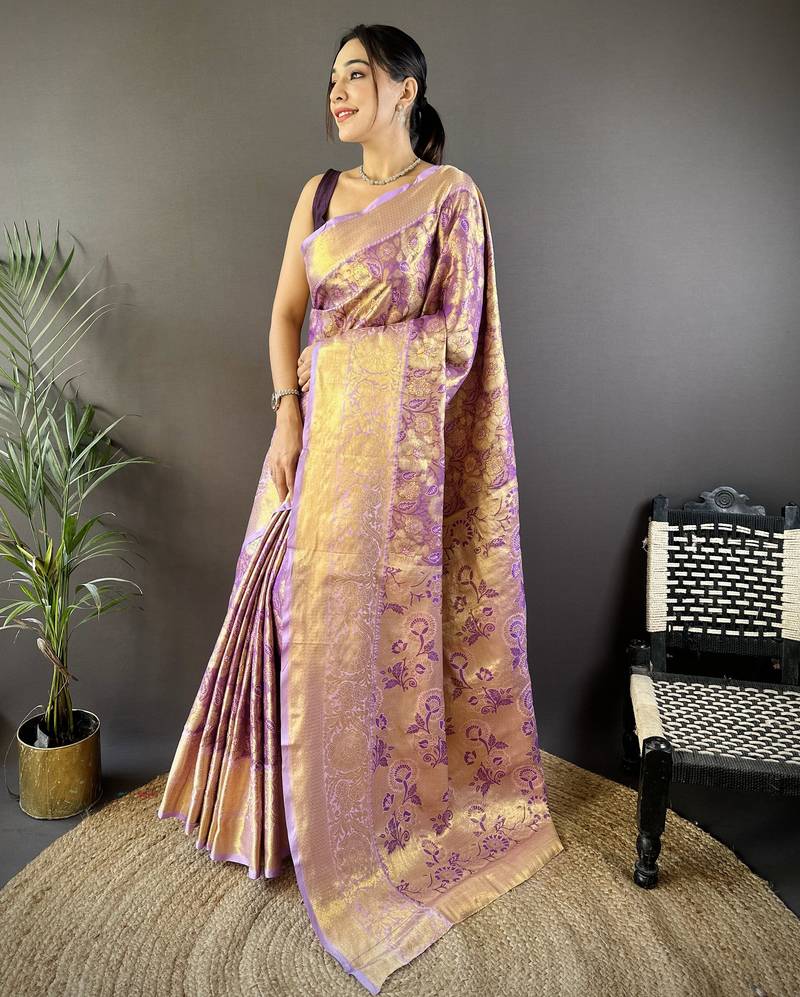 purple tissue silk blend kanjeevaram zari woven saree with unstitched blouse piece.