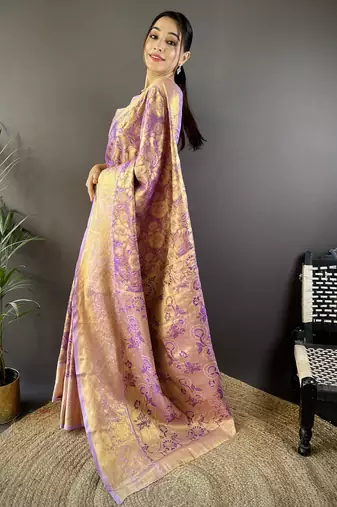 purple tissue silk blend kanjeevaram zari woven saree with unstitched blouse piece.