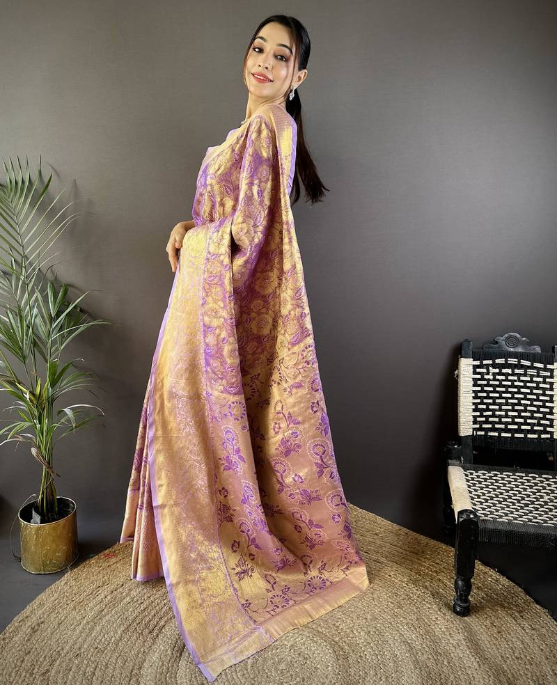 purple tissue silk blend kanjeevaram zari woven saree with unstitched blouse piece.