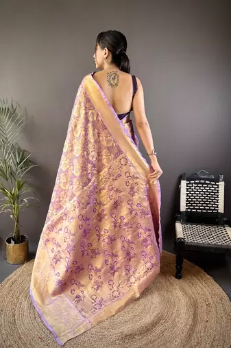 purple tissue silk blend kanjeevaram zari woven saree with unstitched blouse piece.
