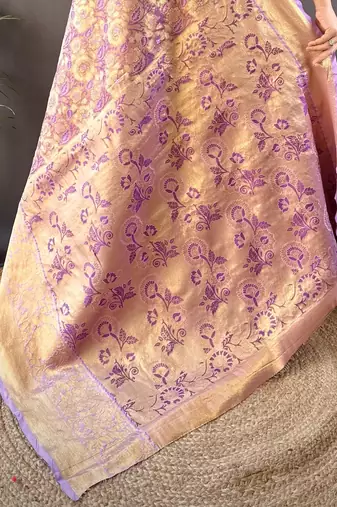 purple tissue silk blend kanjeevaram zari woven saree with unstitched blouse piece.