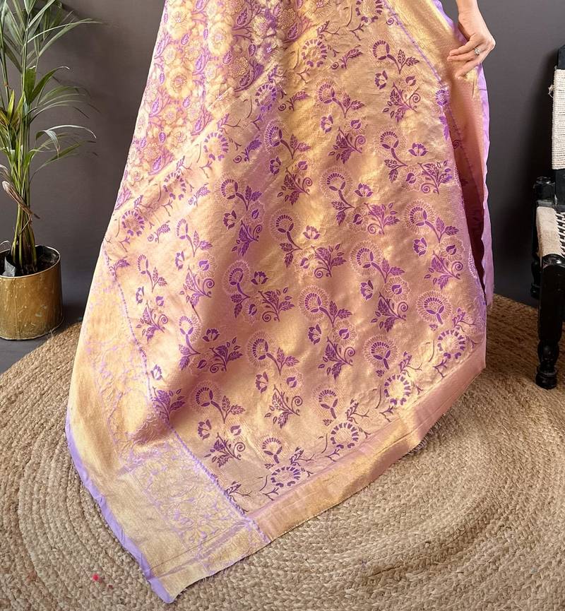purple tissue silk blend kanjeevaram zari woven saree with unstitched blouse piece.