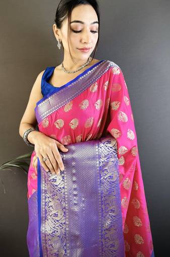 rani kanjeevaram silk blend zari woven saree with unstitched blouse piece