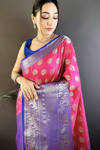rani kanjeevaram silk blend zari woven saree with unstitched blouse piece.