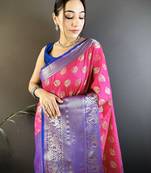rani kanjeevaram silk blend zari woven saree with unstitched blouse piece.