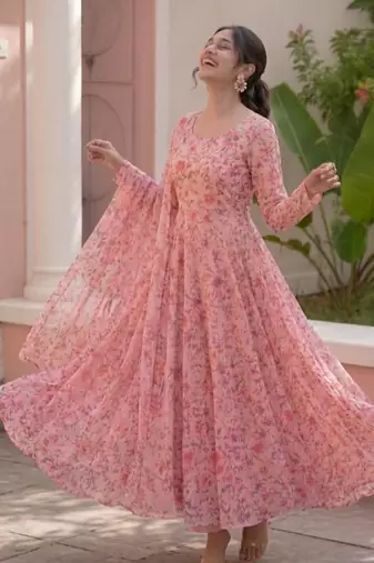 Light pink printed georgette anarkali kurti