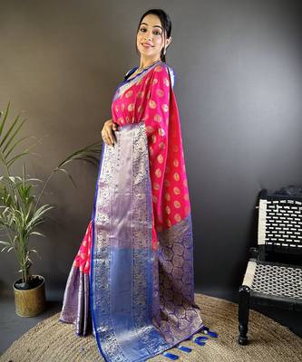 rani kanjeevaram silk blend zari woven saree with unstitched blouse piece. 3