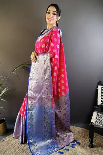 rani kanjeevaram silk blend zari woven saree with unstitched blouse piece.