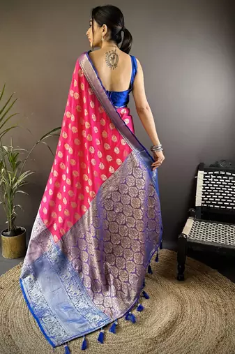 rani kanjeevaram silk blend zari woven saree with unstitched blouse piece.