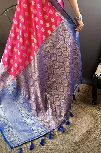 rani kanjeevaram silk blend zari woven saree with unstitched blouse piece.