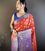 red kanjeevaram silk blend zari woven saree with unstitched blouse piece.