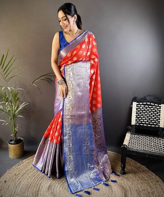 red kanjeevaram silk blend zari woven saree with unstitched blouse piece. 2