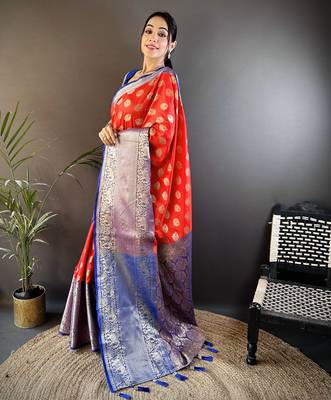 red kanjeevaram silk blend zari woven saree with unstitched blouse piece. 3