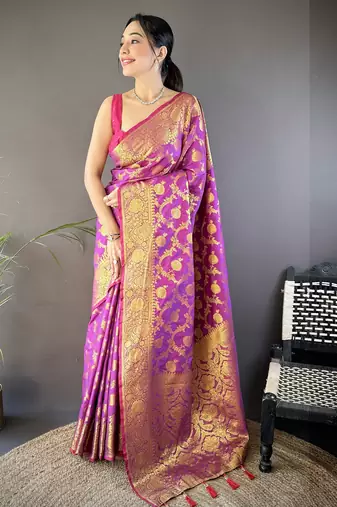 purple soft silk blend banarasi zari woven saree with unstitched blouse piece.