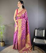 purple soft silk blend banarasi zari woven saree with unstitched blouse piece.